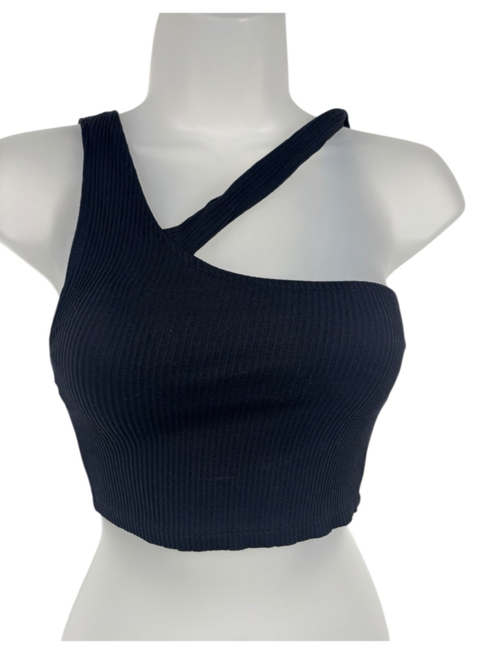 Zara Crop Top One Shoulder Ribbed Asymmetrical Black XS - Picture 2 of 4